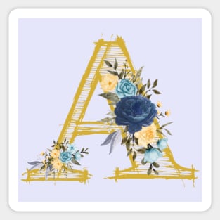 Monogram Letter A In Metallic Gold With Aesthetic Blue Flowers Botany And Digital Lavender Background Pantone Color Sticker
